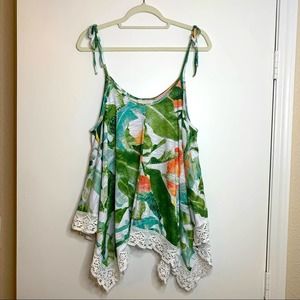 LAUREN CONRAD spaghetti strap pink,green,white blouse with lace & beads size XL